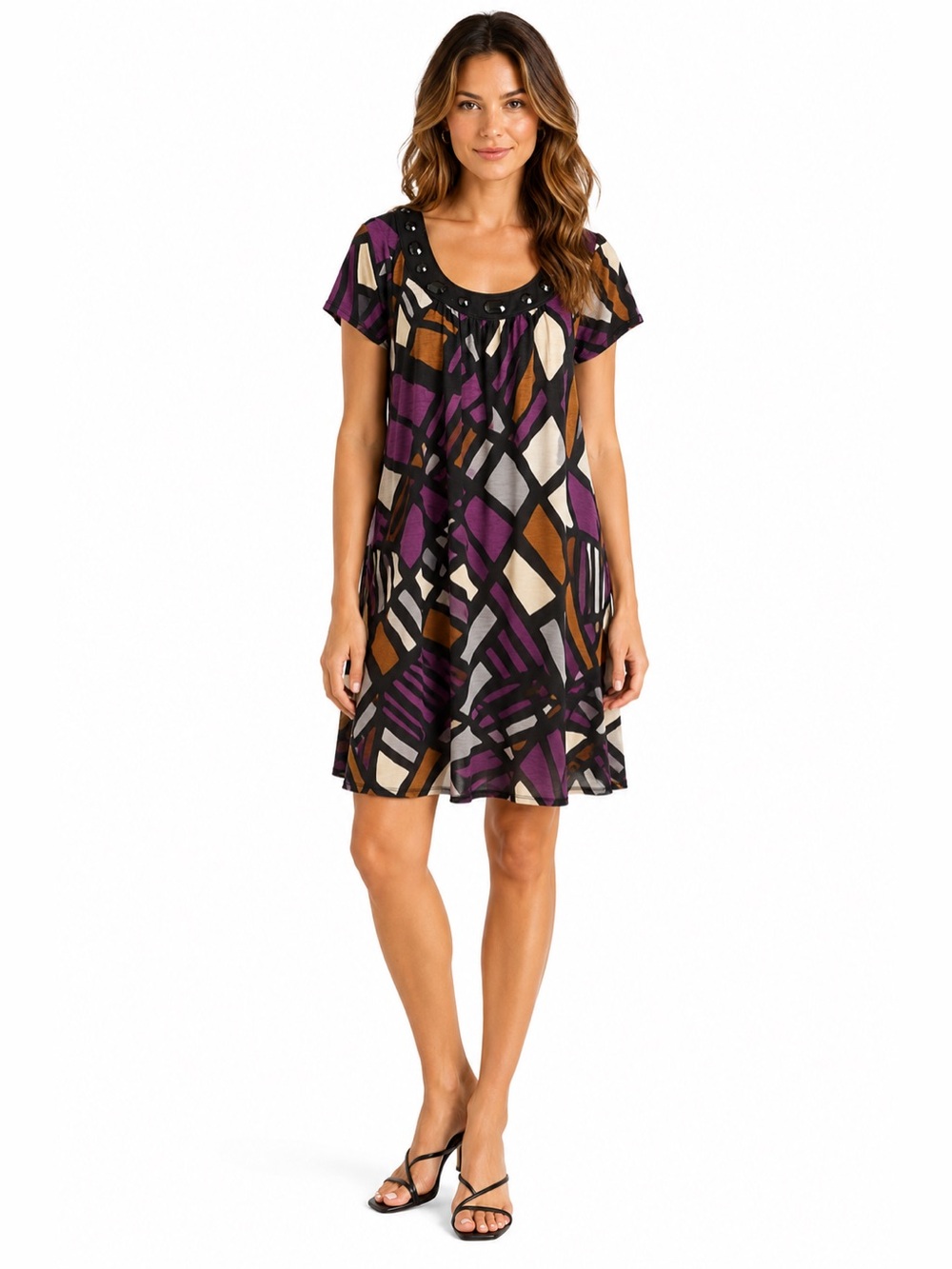Geometric Print Embellished Neck Shift Dress